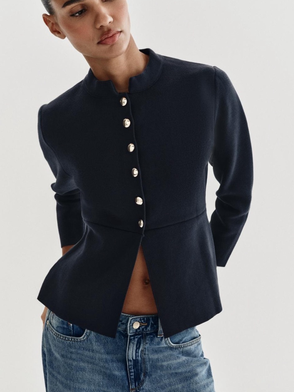 Women's Navy gold Button-Front Structured cardigan